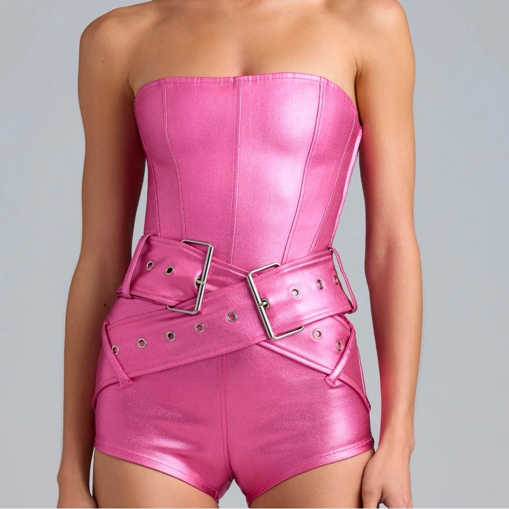 Sasha Bratz Pink Metallic Strapless Corset Romper from Oh Polly, US 10